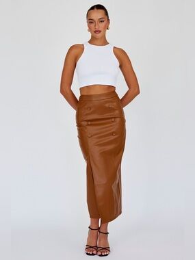 NWT Selfie Leslie Saints & Secrets Kane Faux Leather Midi Skirt Brown Size S